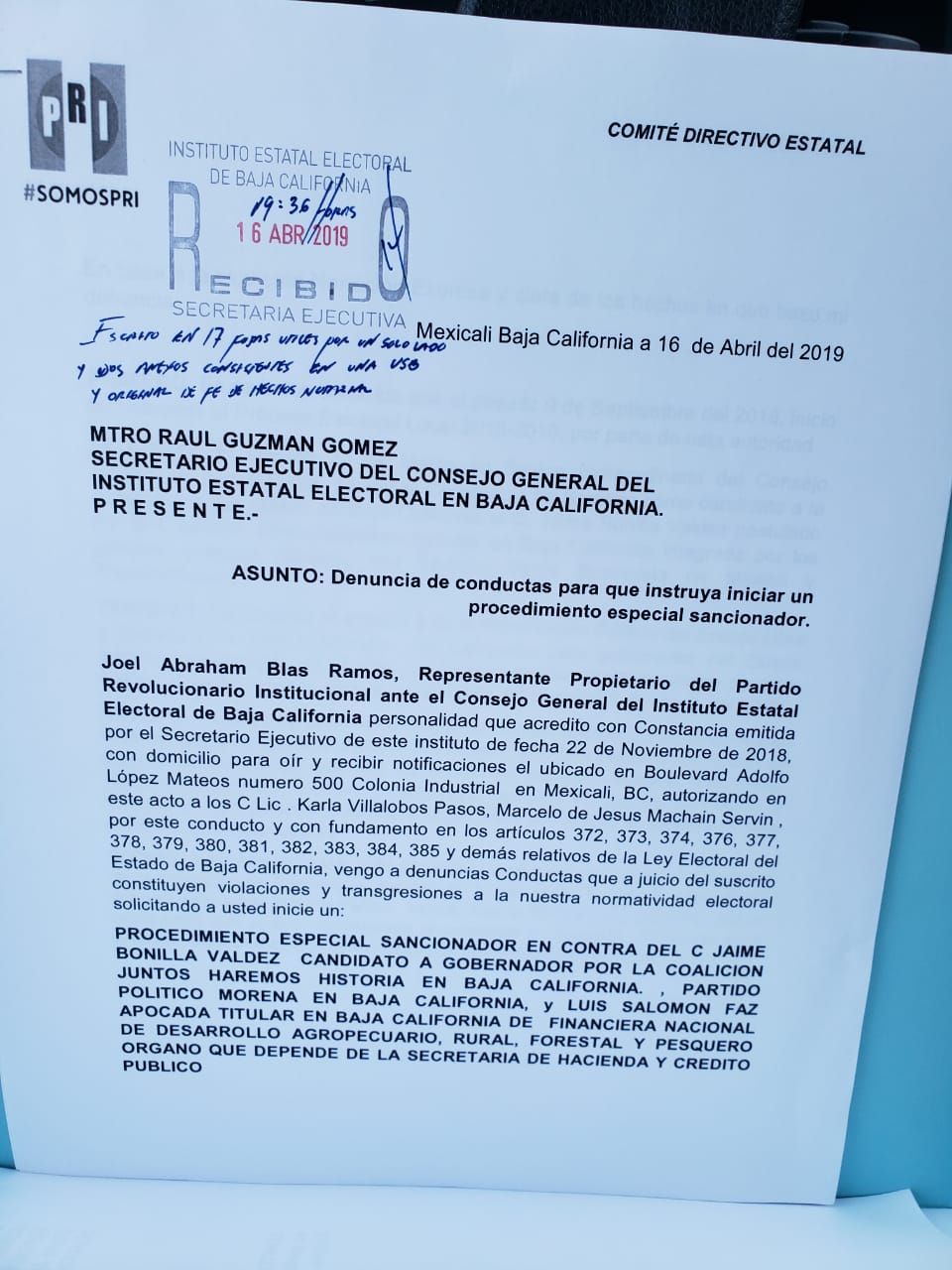 Presenta el PRI denuncia penal y electoral contra Bonilla y Delegado de la Financiera Rural