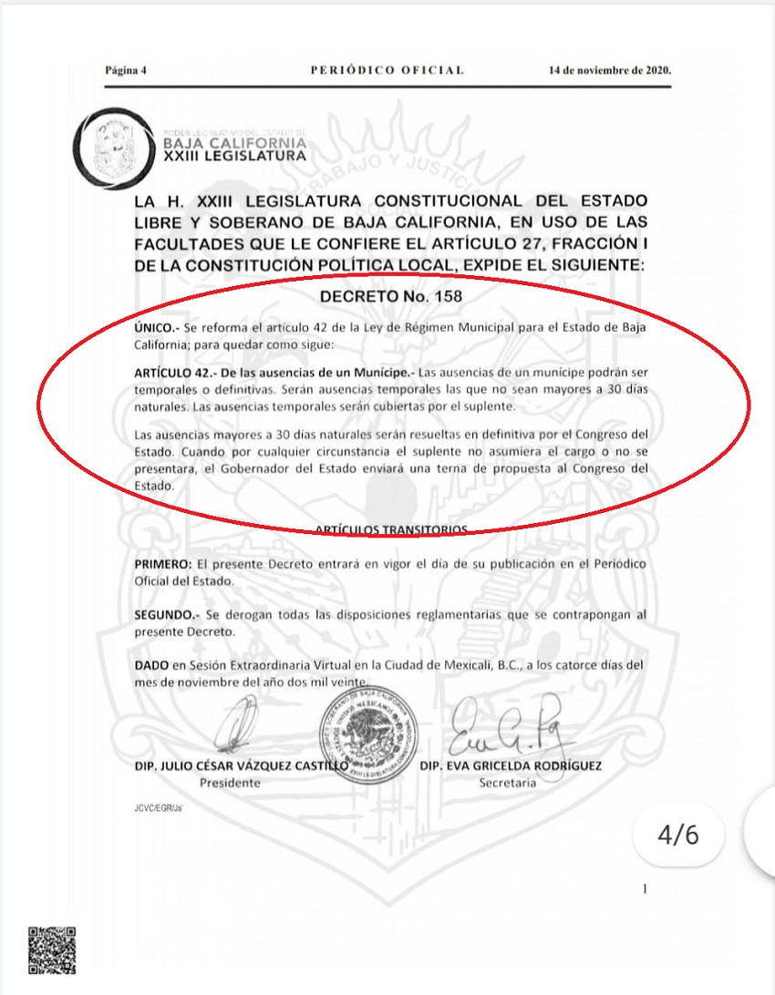 Publica Gobierno de Baja California decreto que reforma el artículo 42 de la Ley de Régimen Municipal para BC