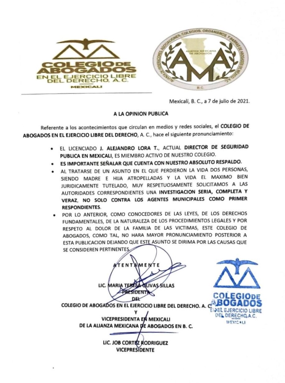 Colegio de Abogados en el Ejercicio Libre del Derecho brinda apoyo y respaldo total al Director de la Policía de Mexicali, Alejandro Lora Torres.