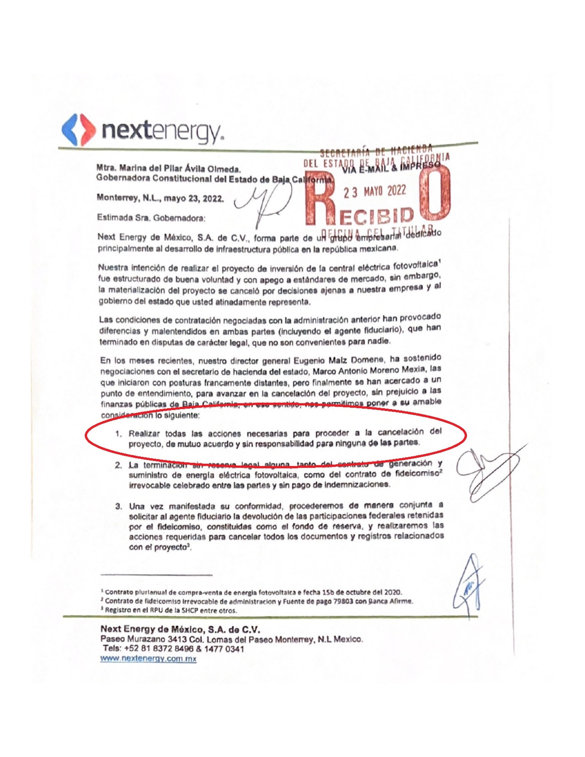 Se desiste Next Energy; Solicita cancelación de contrato