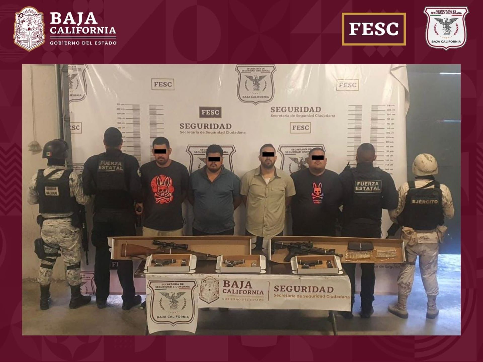 Detienen FESC, Sedena y GN a cuatro hombres con armas y cartuchos en Tecate