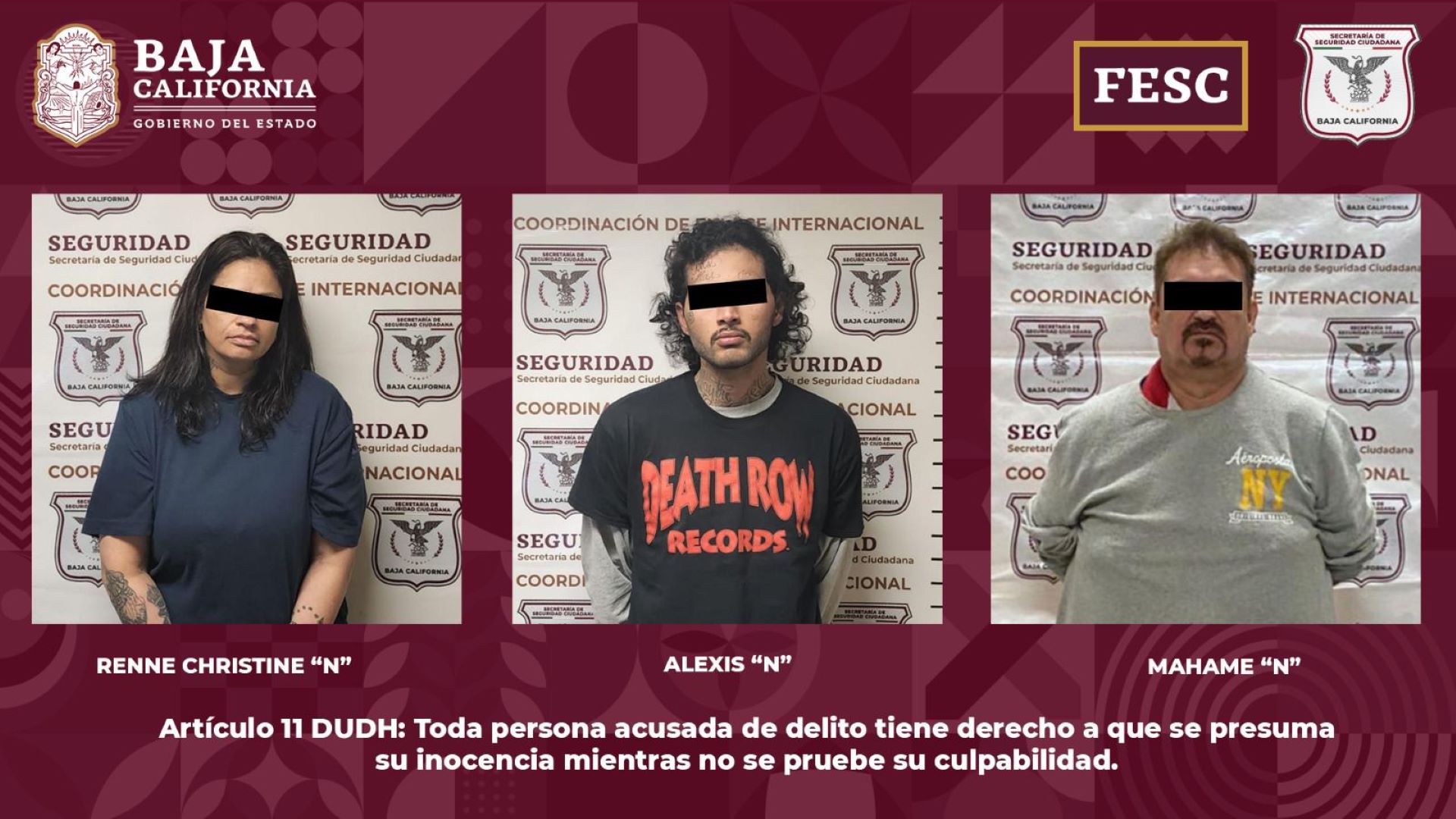 Detiene FESC a tres prófugos buscados por la justicia de Estados Unidos