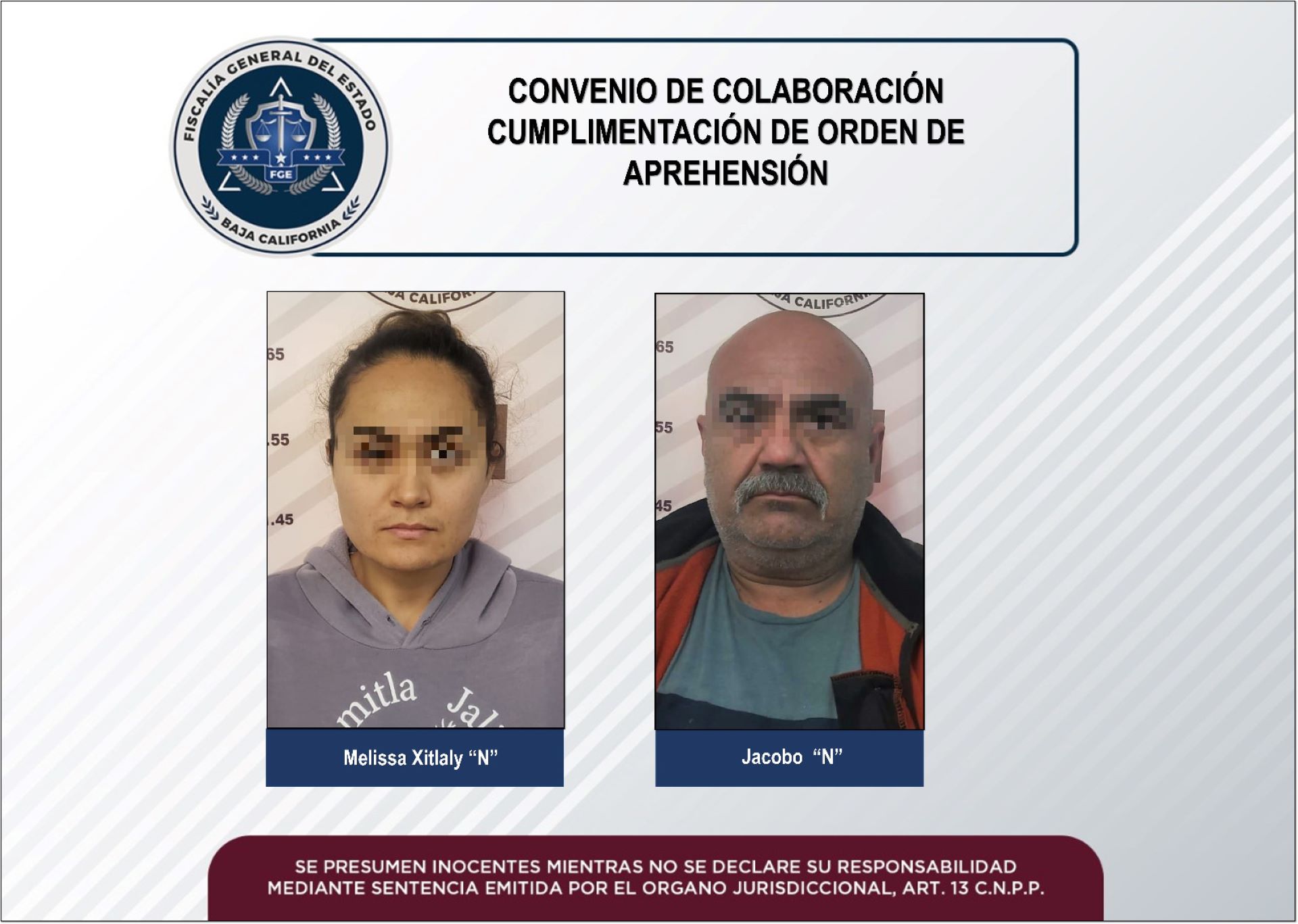 Detiene FGEBC a pareja que era buscada en el estado de Sinaloa por homicidio en grado de tentativa