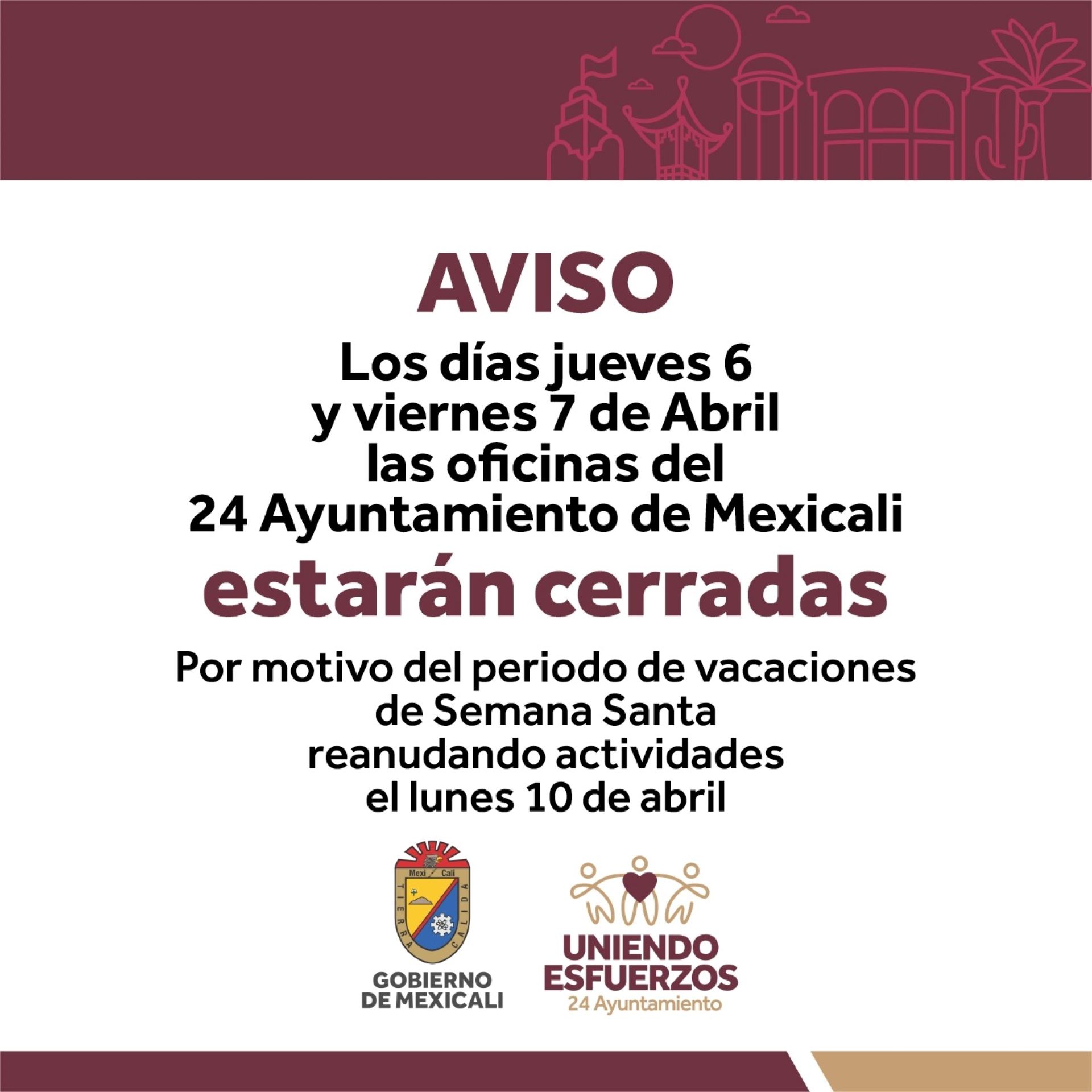 Suspenderán actividades oficinas del Ayuntamiento de Mexicali este 06 y 07 abril