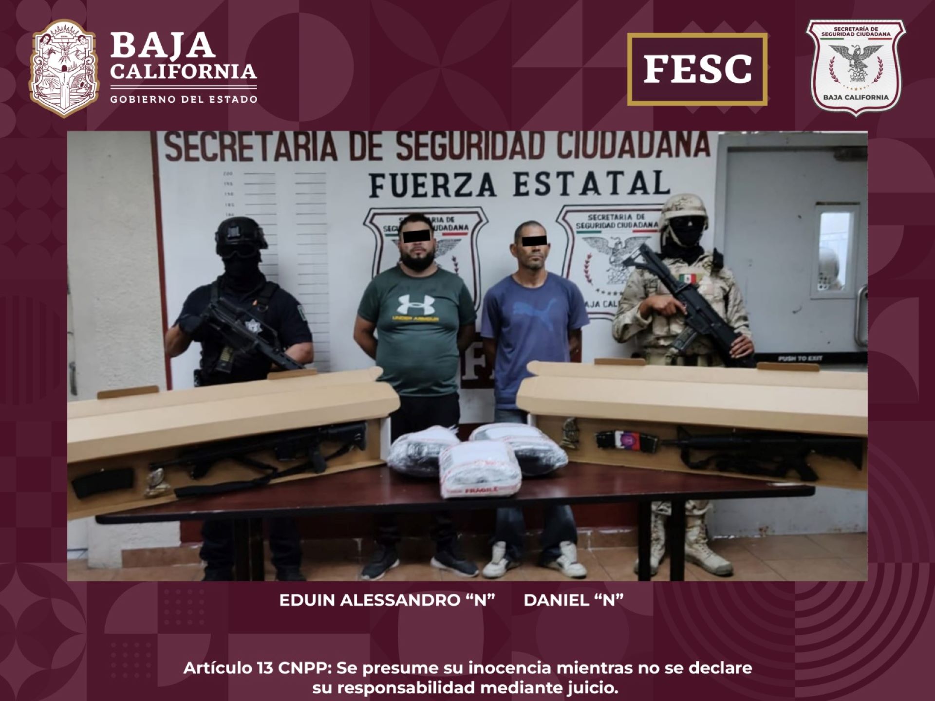 Incautan FESC y Sedena armas de fuego, equipo táctico y metanfetamina en Mexicali; hay dos personas detenidas