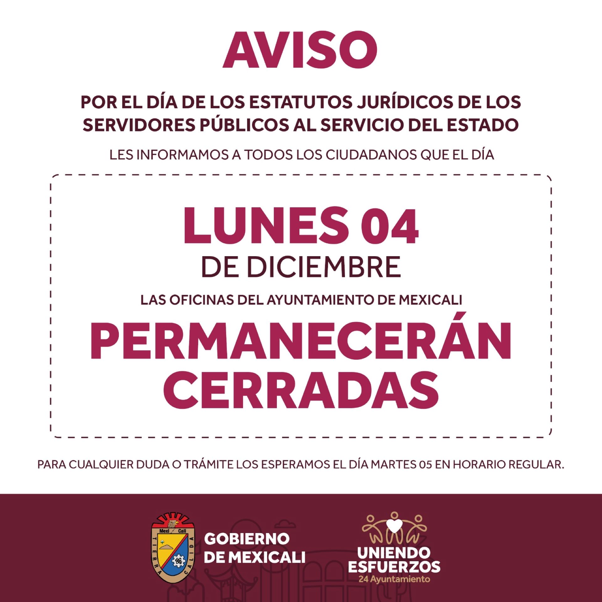 Suspenderán actividades este lunes oficinas del Ayuntamiento de Mexicali