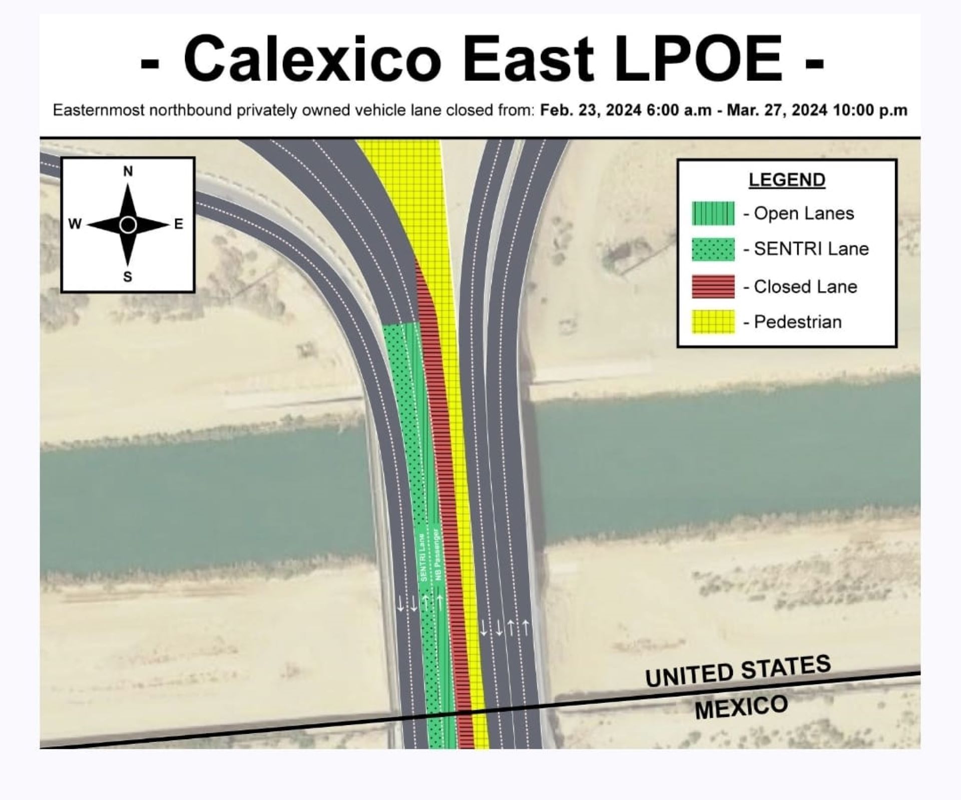 Anuncia Gobierno de Estados Unidos cierre temporal en carril en Garita Nueva a finales de febrero