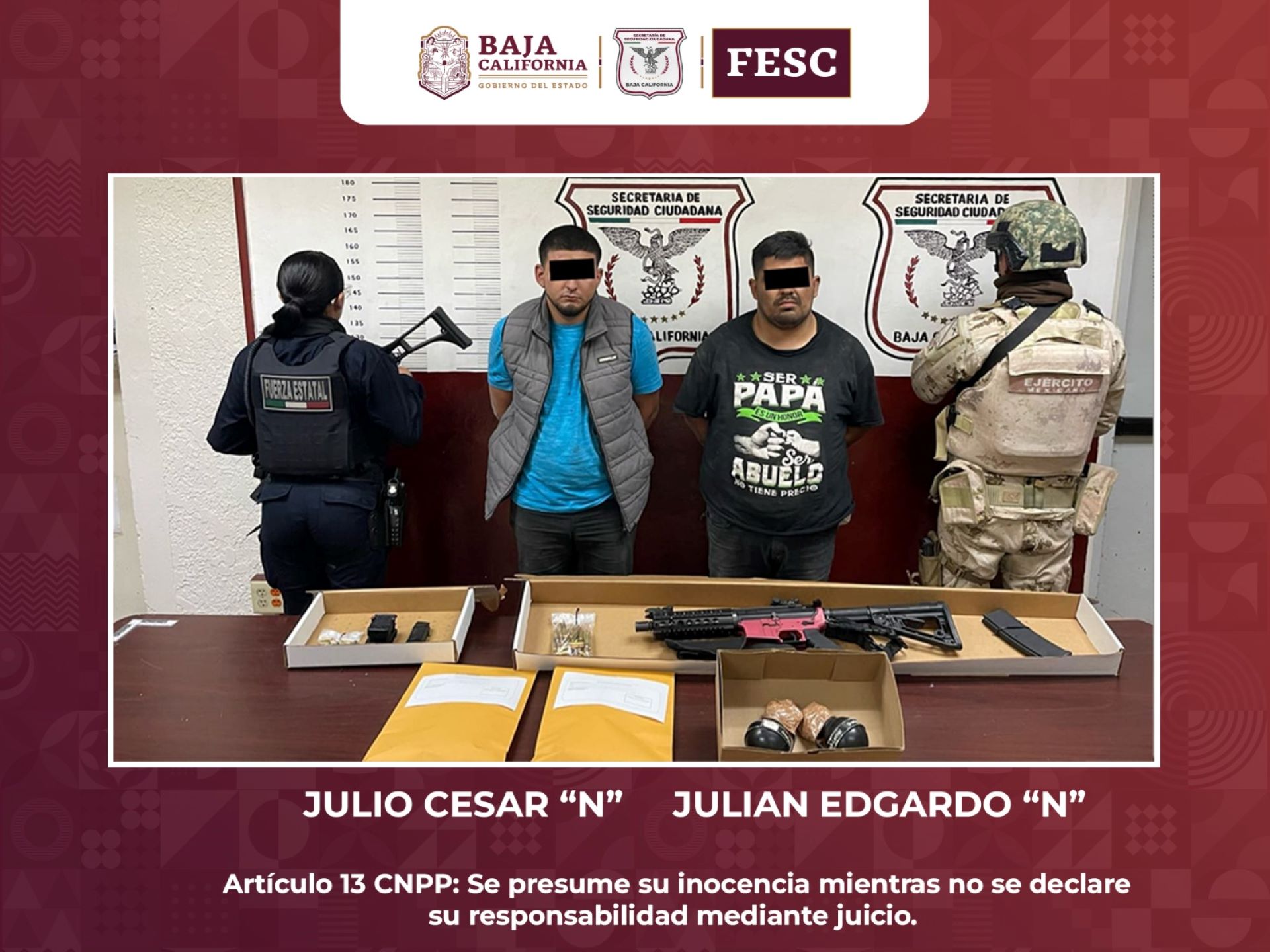Incautan FESC y SEDENA fusil de asalto y granadas de fragmentación en Mexicali; Hay dos detenidos