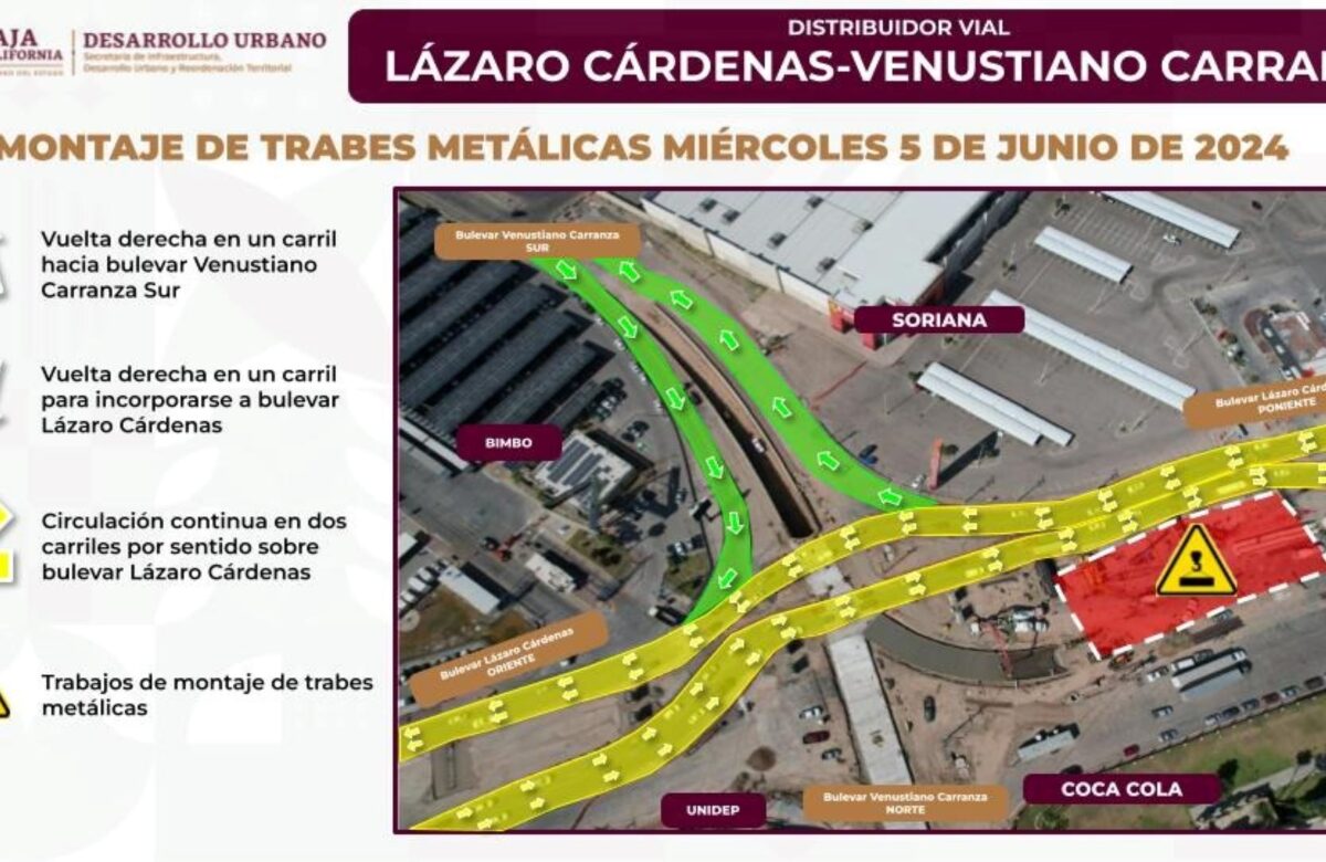 Anuncia SIDURT continuación de montaje de trabes de acero en distribuidor vial Lázaro Cárdenas y Venustiano Carranza en Mexicali