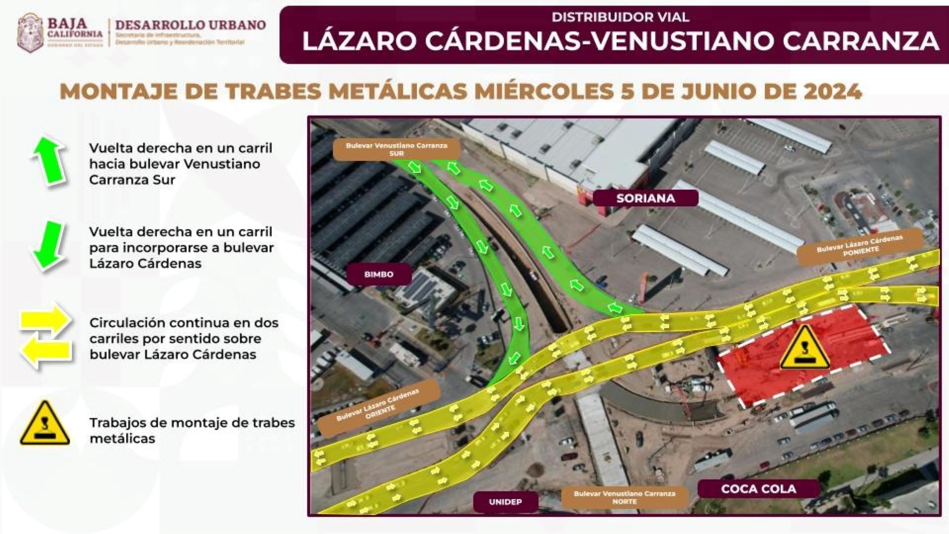 Anuncia SIDURT continuación de montaje de trabes de acero en distribuidor vial Lázaro Cárdenas y Venustiano Carranza en Mexicali