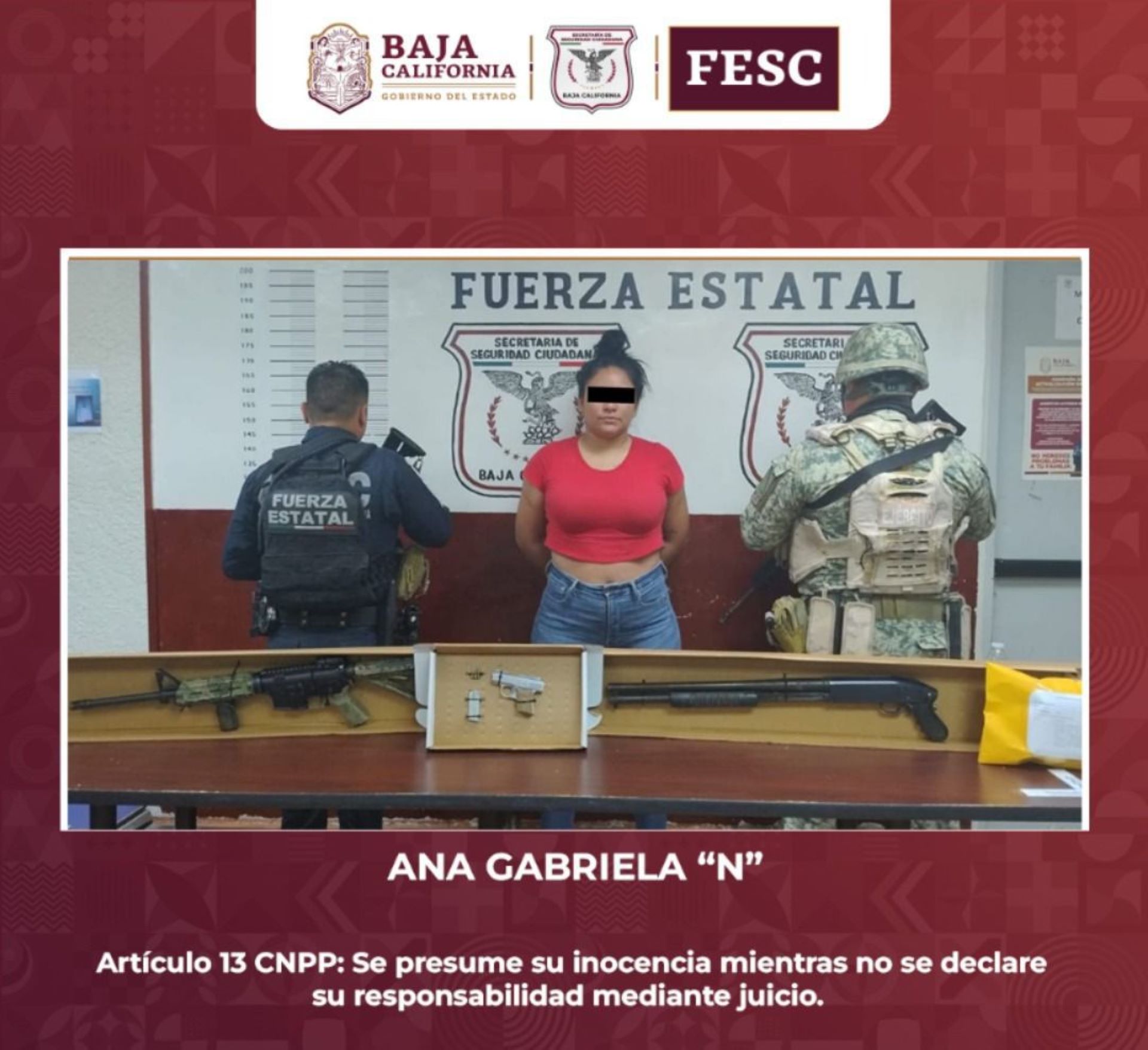 FESC y Sedena detienen a mujer en posesión de armas, granada y drogas en Mexicali