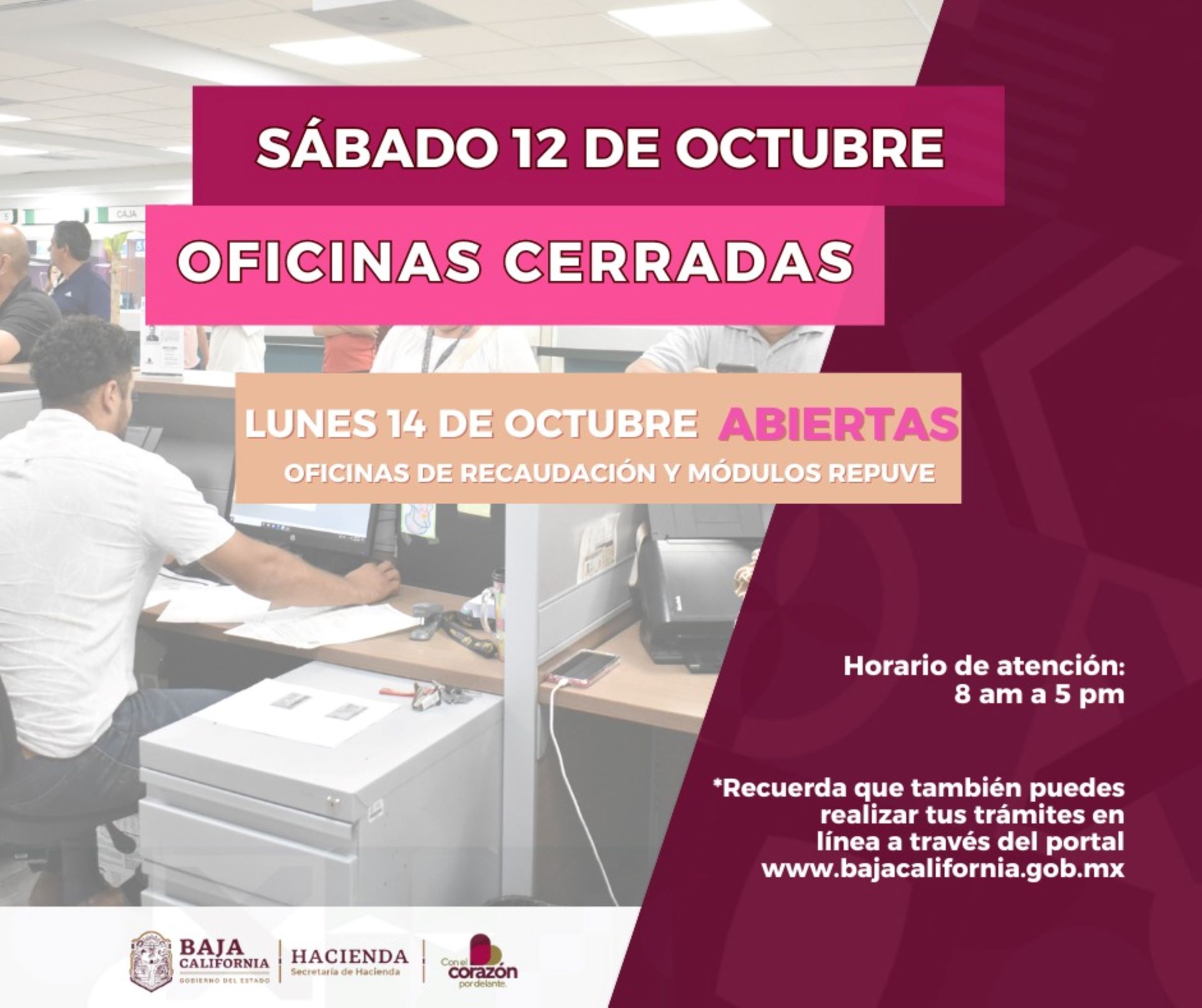 Cerradas oficinas de Recaudación y Repuve el sábado 12 de octubre; el lunes 14 se trabajará en horario normal: SAT BC