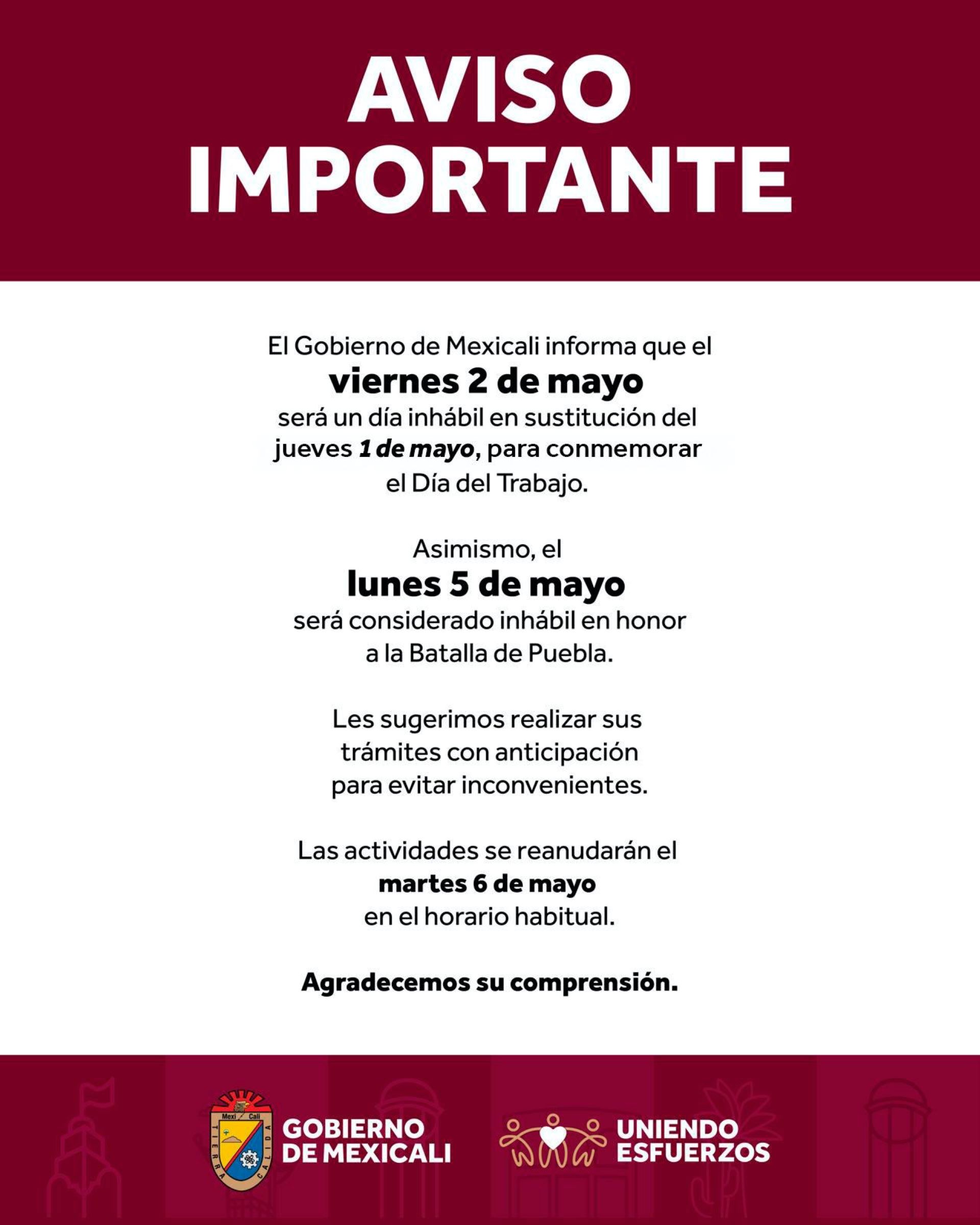 Horario inhábil en el Ayuntamiento de Mexicali este viernes y lunes