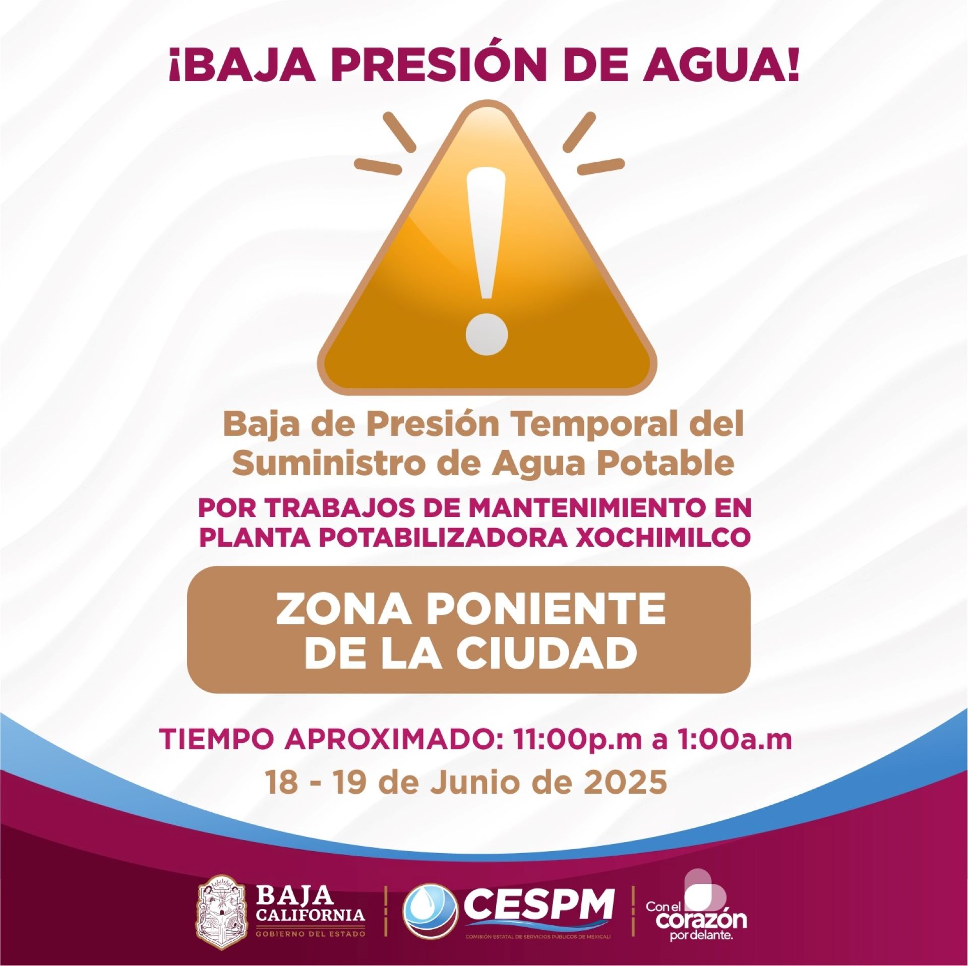 Anuncia CESPM habrá baja presión en zona Poniente por trabajos de mantenimiento en Planta Xochimilco