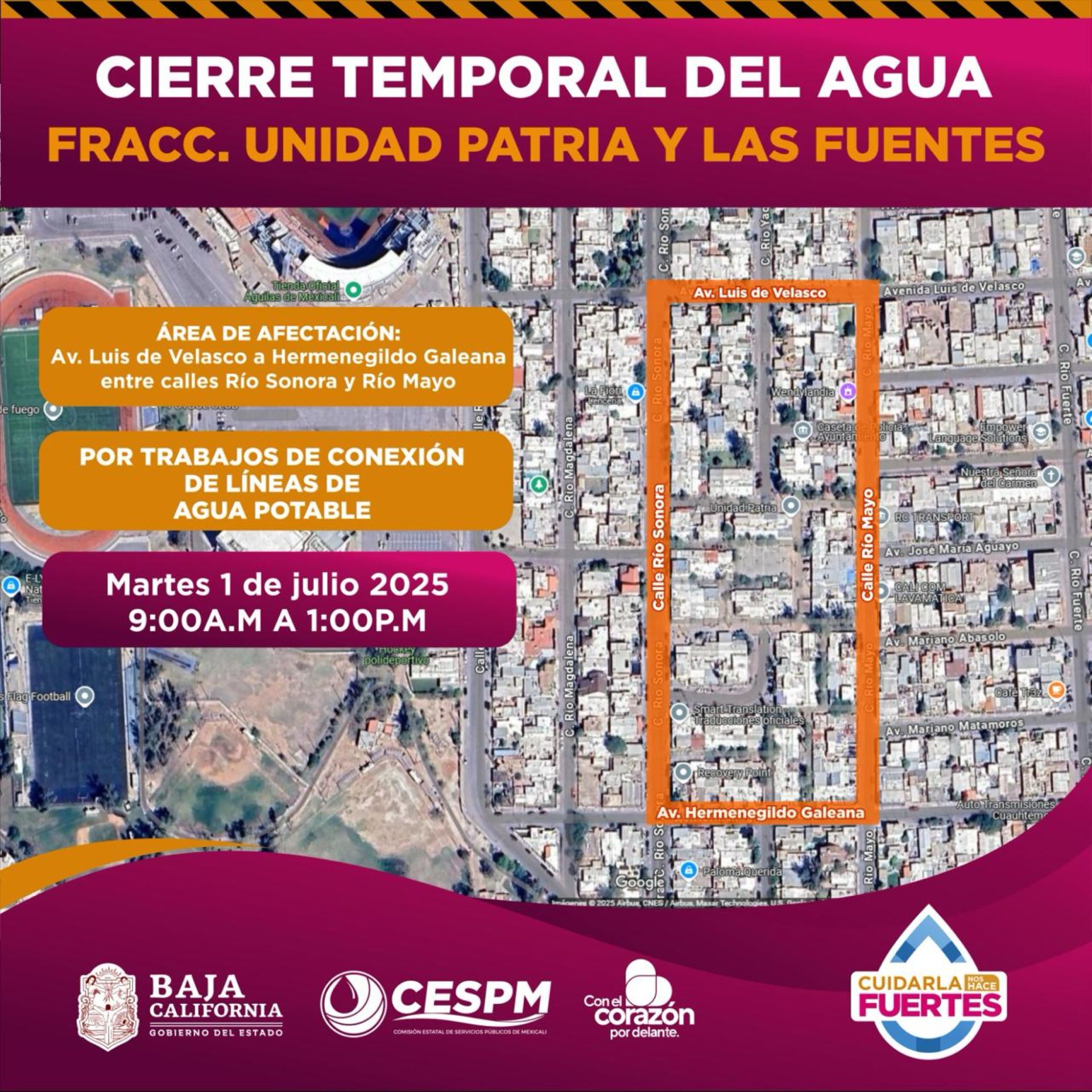 CESPM anuncia cierre temporal de agua potable en fraccionamientos Unidad Patria y Las Fuentes
