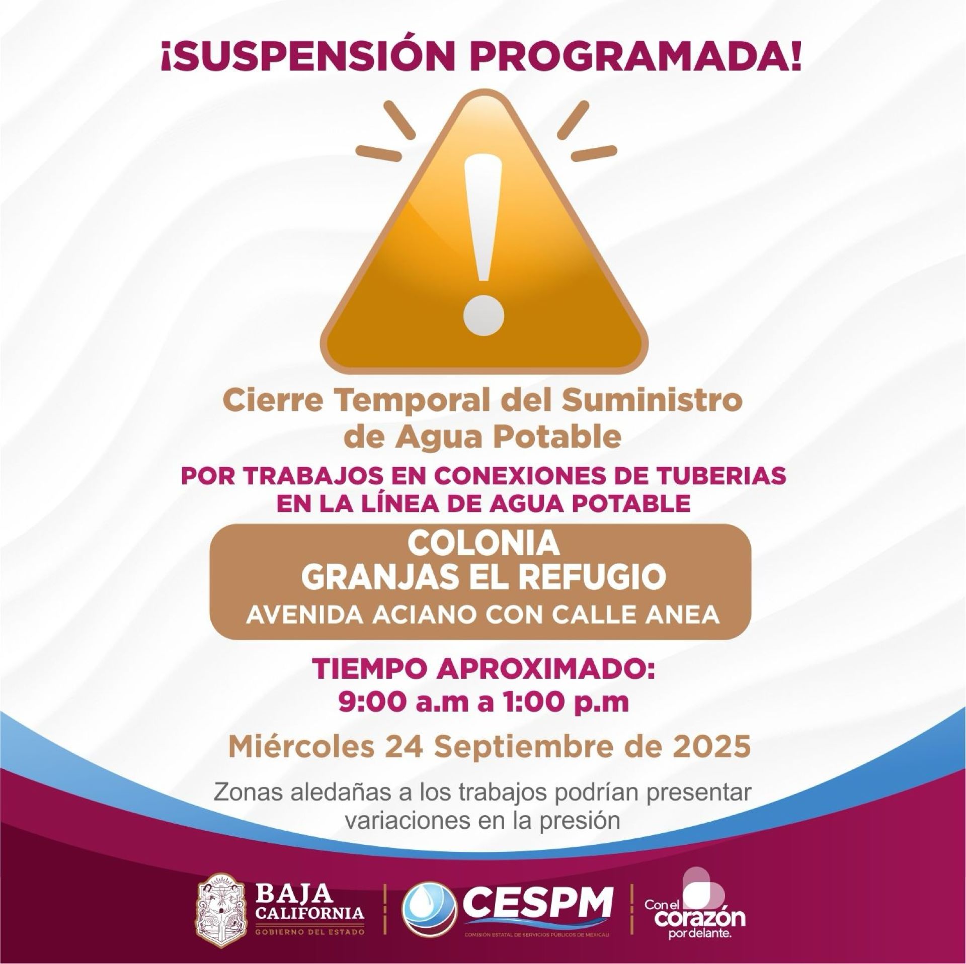 CESPM anuncia cierres temporales en el suministro de agua potable en Mexicali