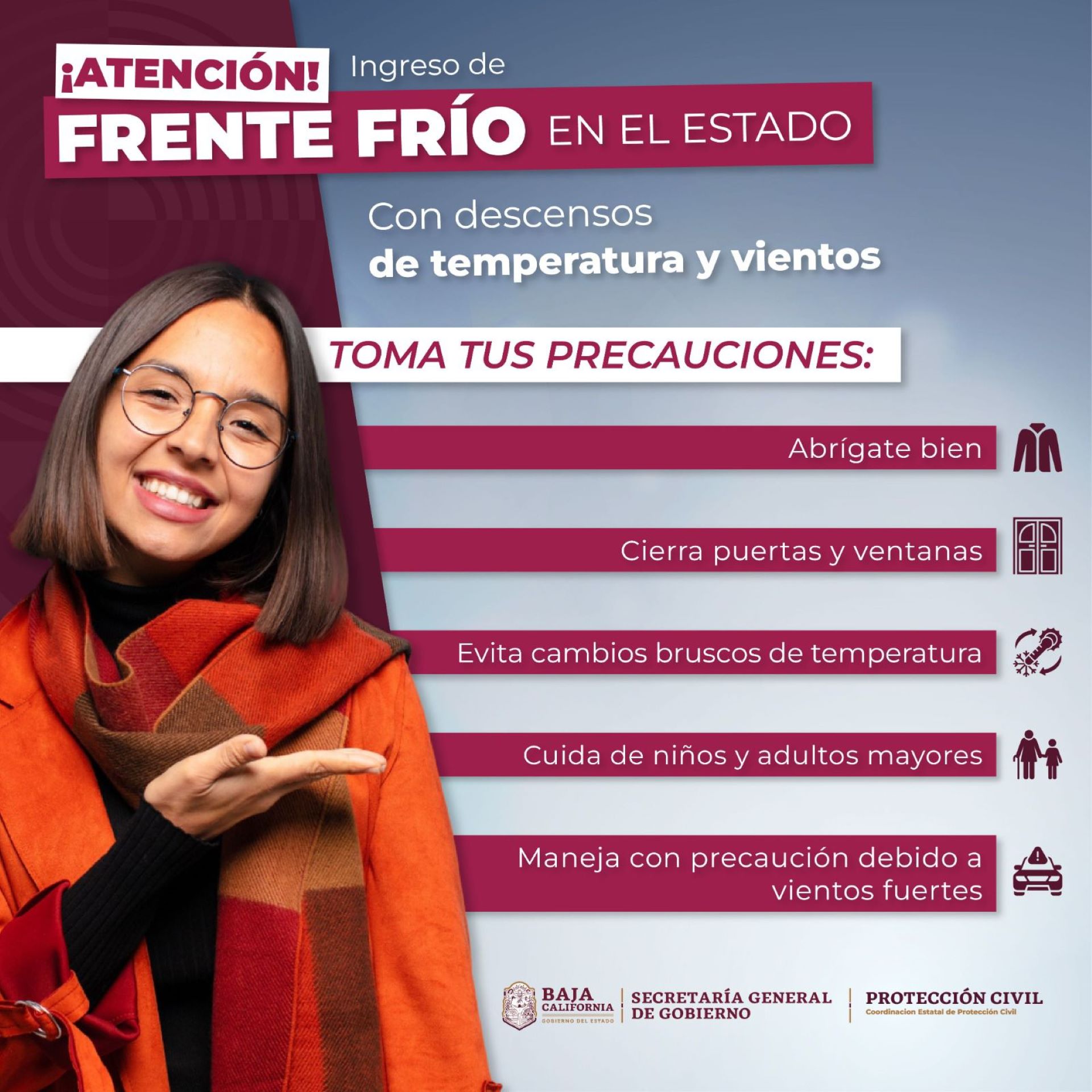 Alerta Protección Civil BC por llegada de nuevo frente frío