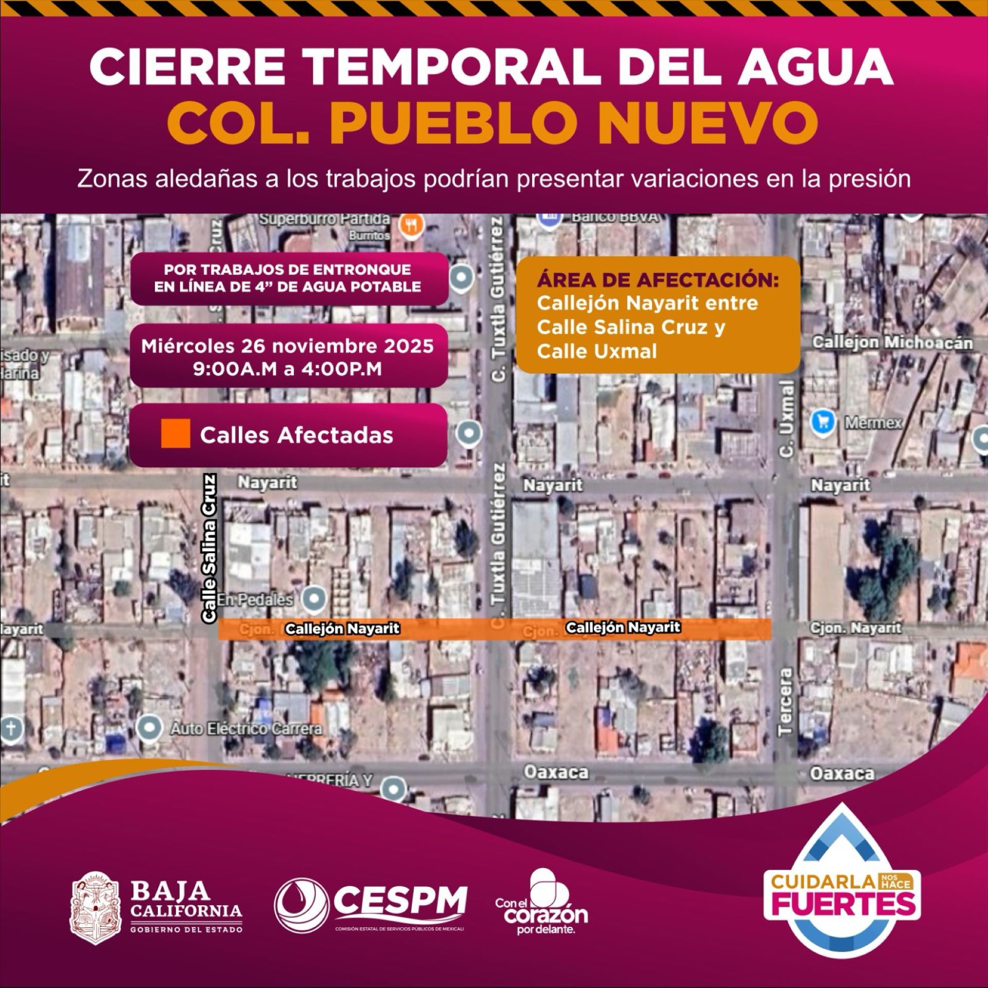 CESPM realiza cierres temporales de agua en Pueblo Nuevo, Segunda Sección y San Felipe por trabajos de mejora