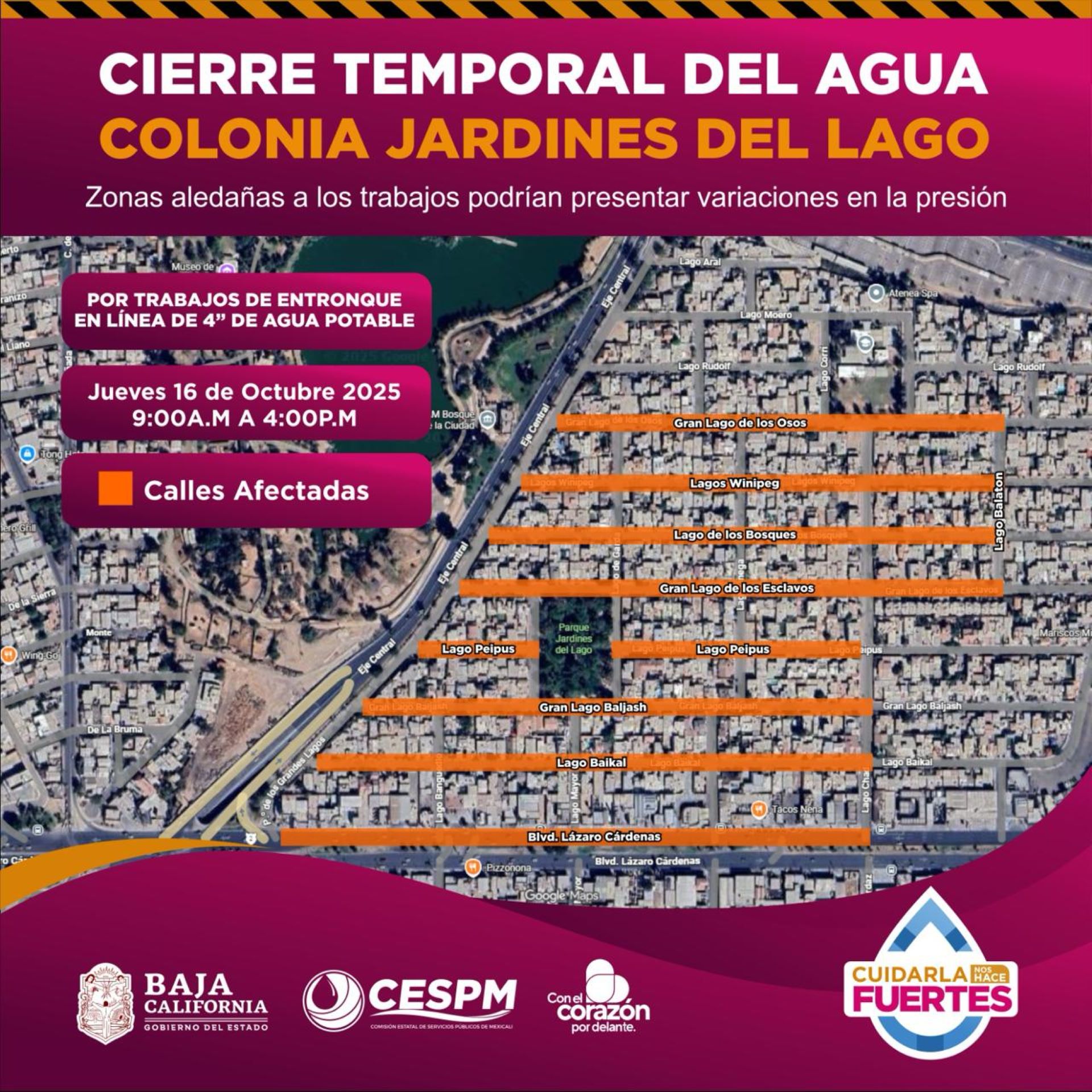 CESPM anuncia cierres programados por trabajos en la línea principal de agua en Jardines del Lago