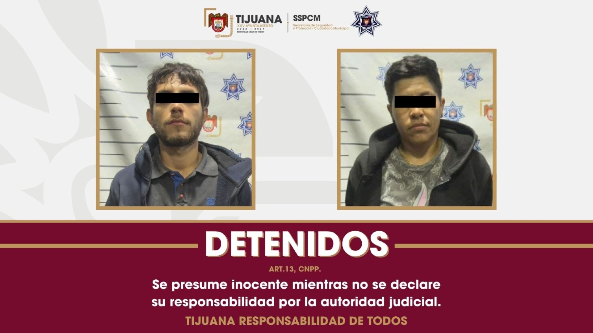 Logra Policía Municipal de Tijuana detención de dos personas por robo con violencia a comercio