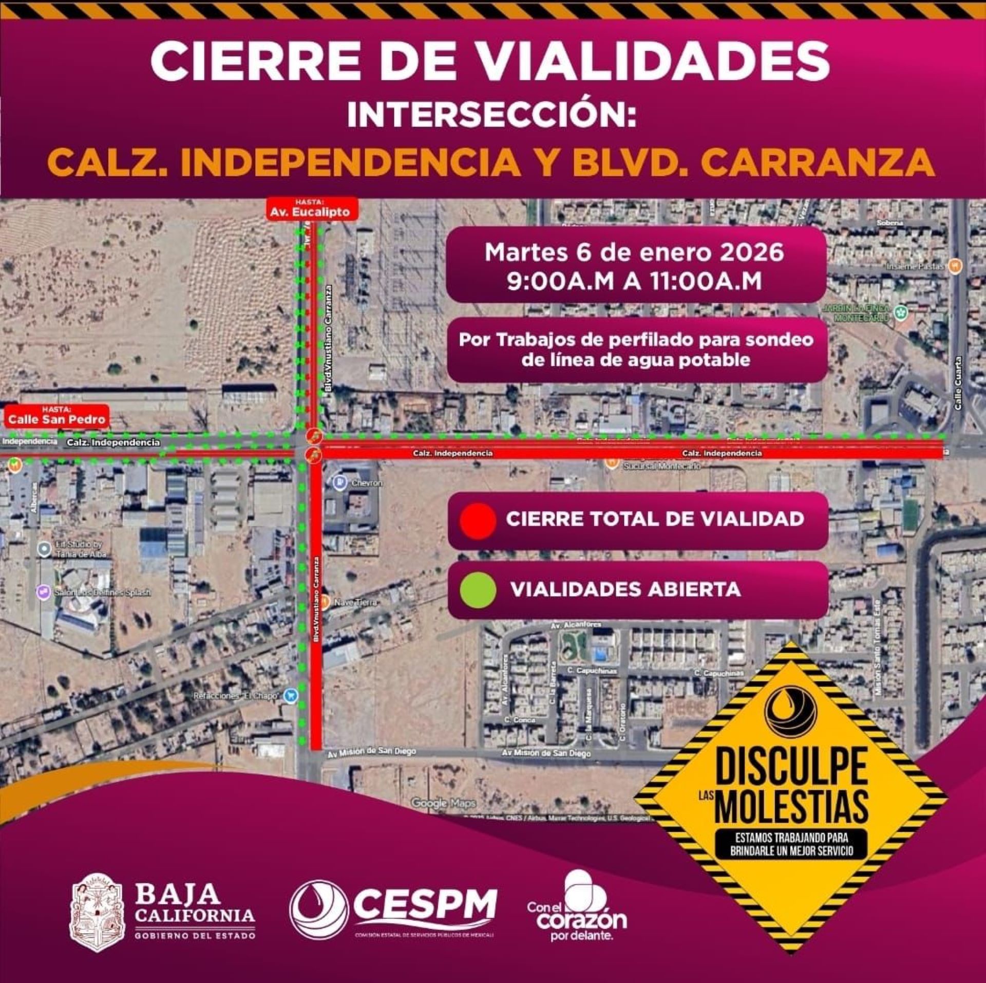 CESPM anuncia cierre temporal de vialidades en Calzada Independencia y Bulevar Carranza