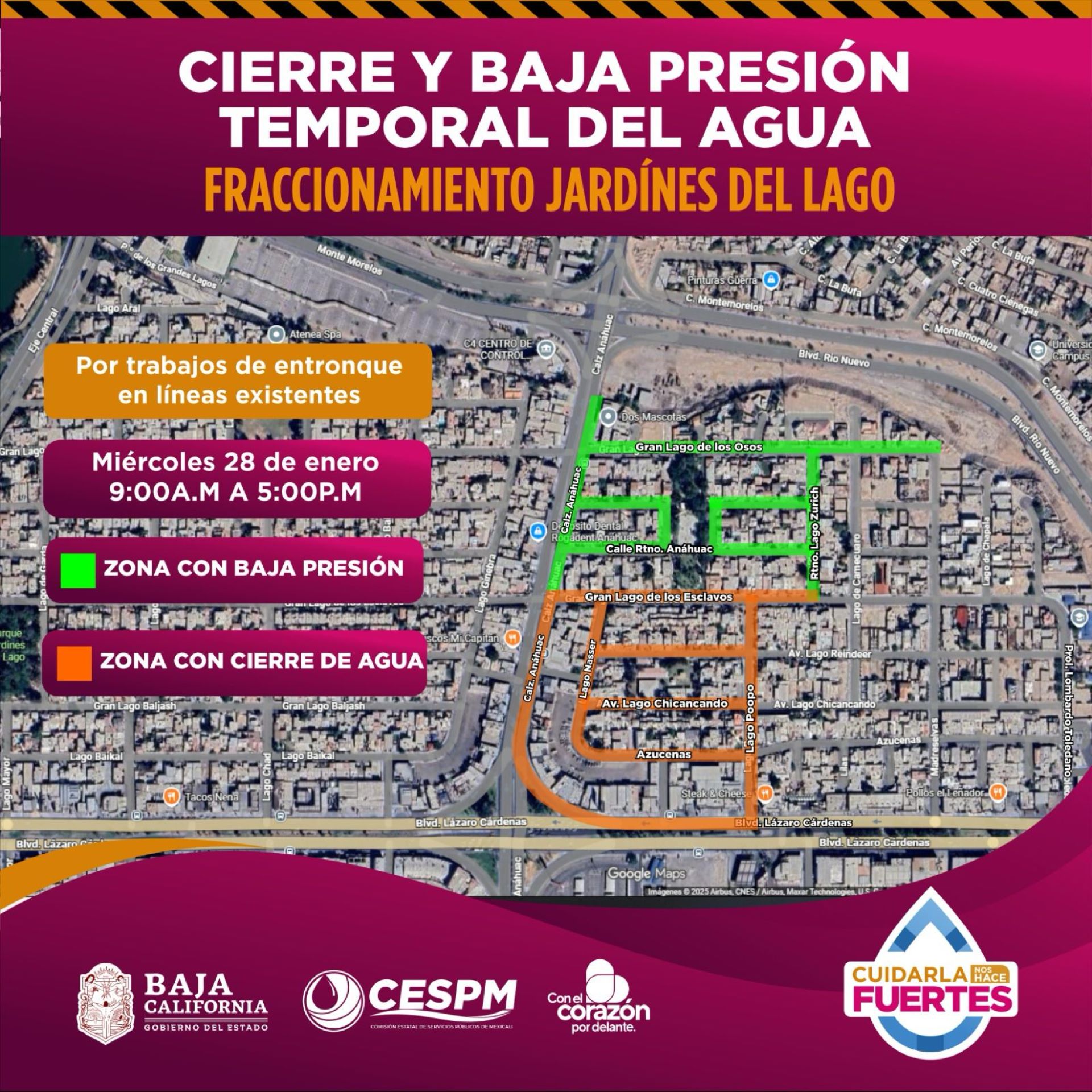 CESPM llevará a cabo trabajos de entronque que ocasionarán cierre y baja presión de agua en Jardines del Lago