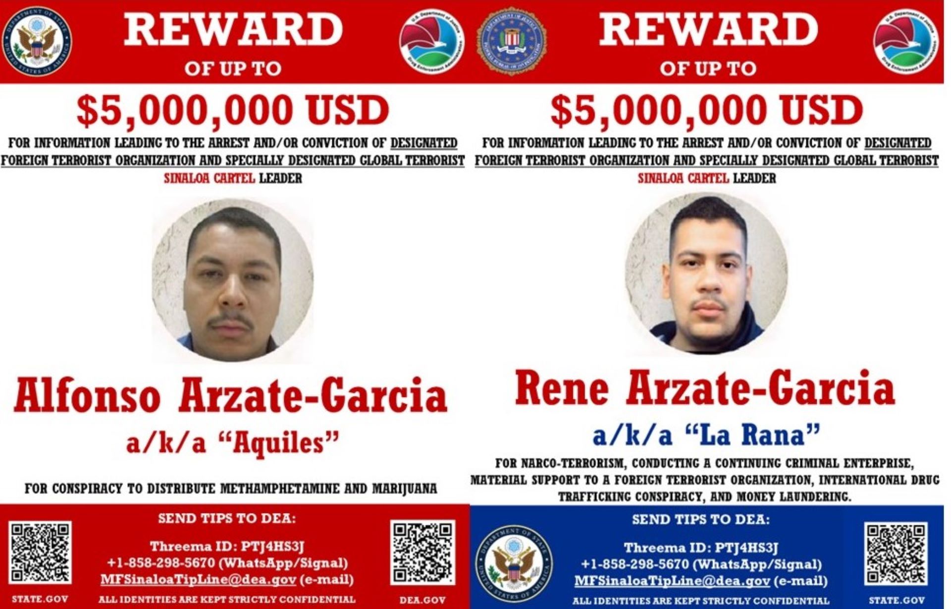 Departamento de Estado de los EU ofrece hasta diez millones de dólares por “El Aquiles” y “La Rana”