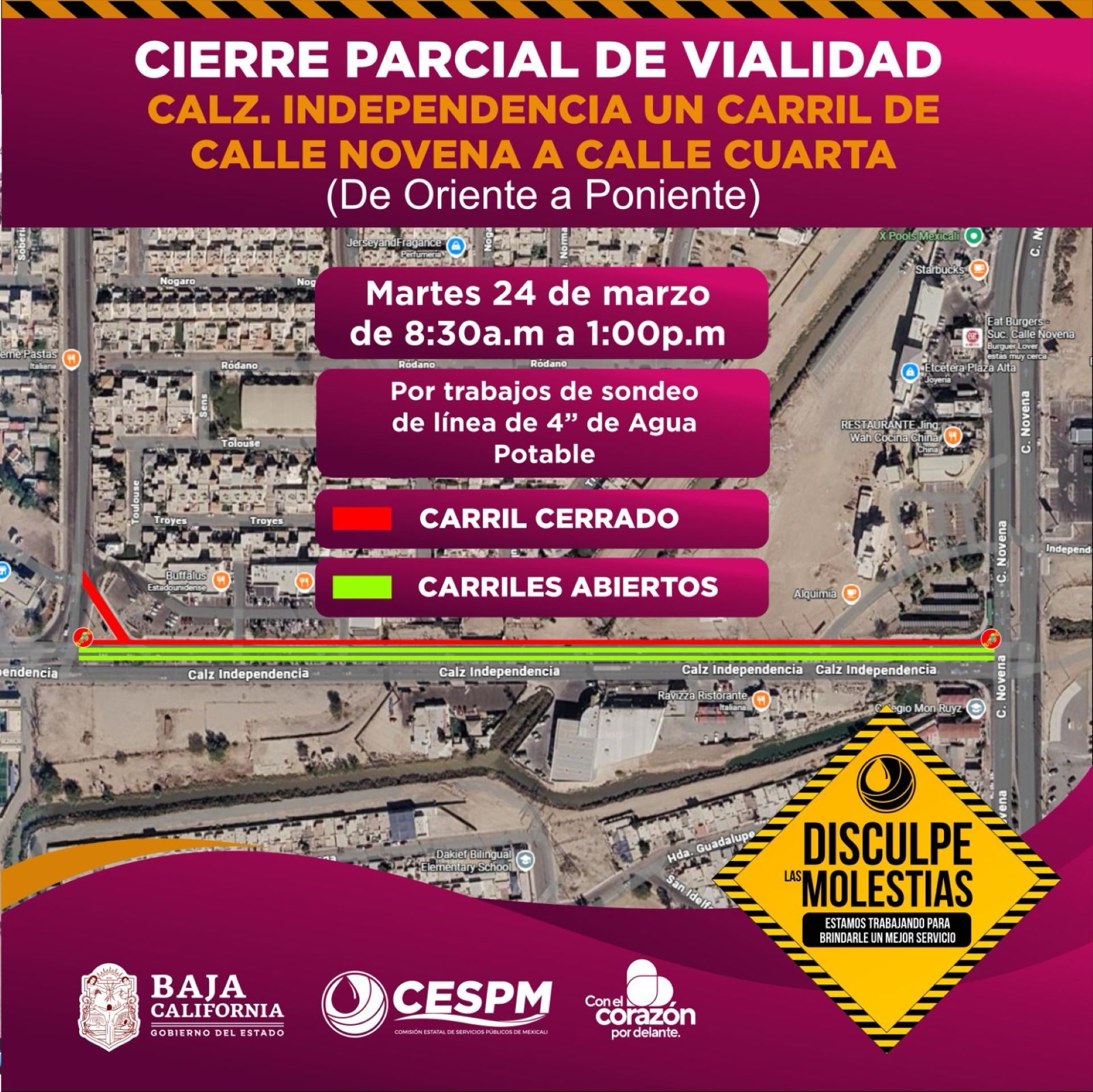 CESPM anuncia suspensión de agua en Paseos del Sol y cierre parcial en calzada Independencia por trabajos de infraestructura