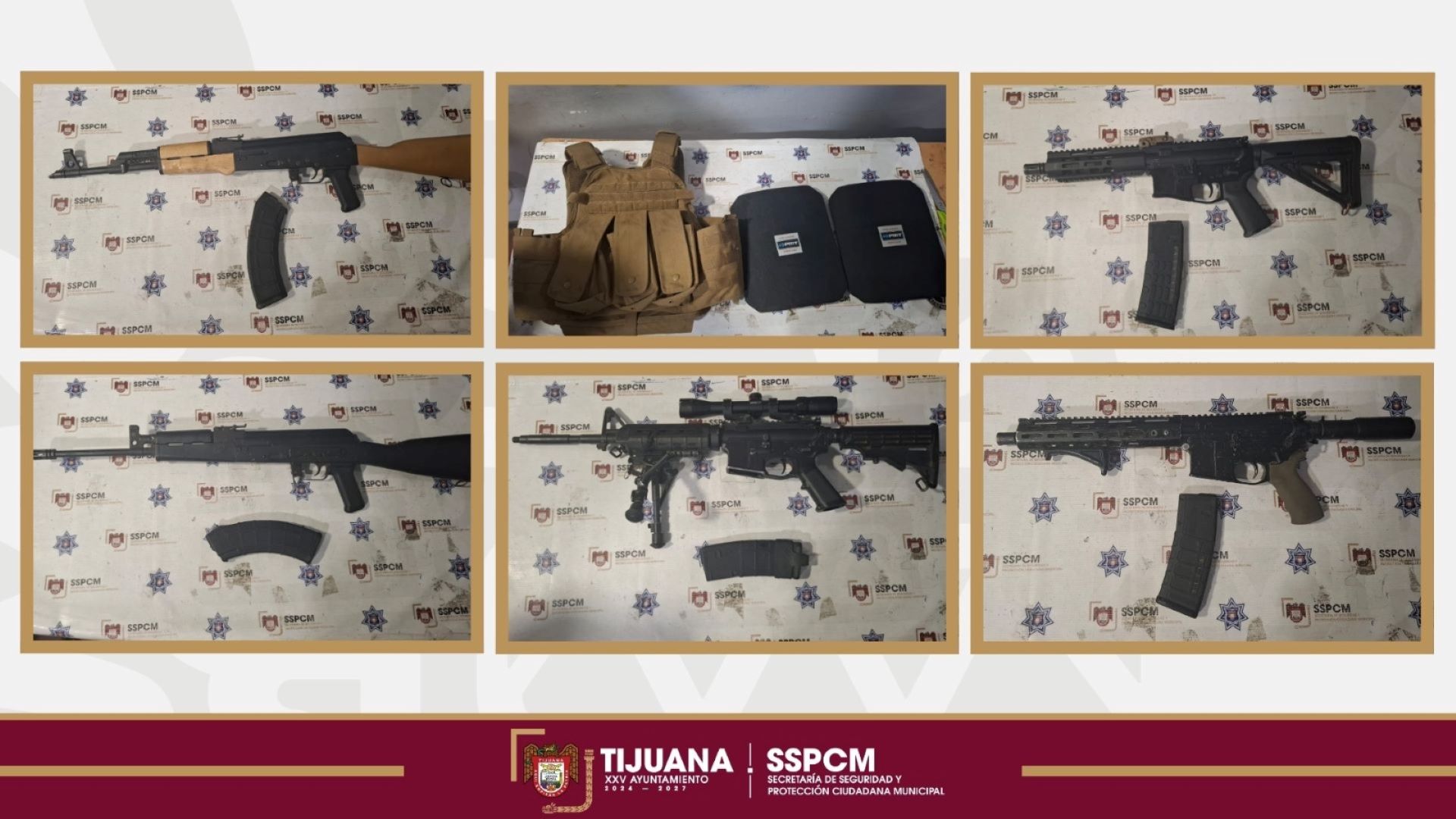 Asegura Policía Municipal 5 armas largas, 6 chalecos antibalas y dos personas por presunta portación de arma de fuego