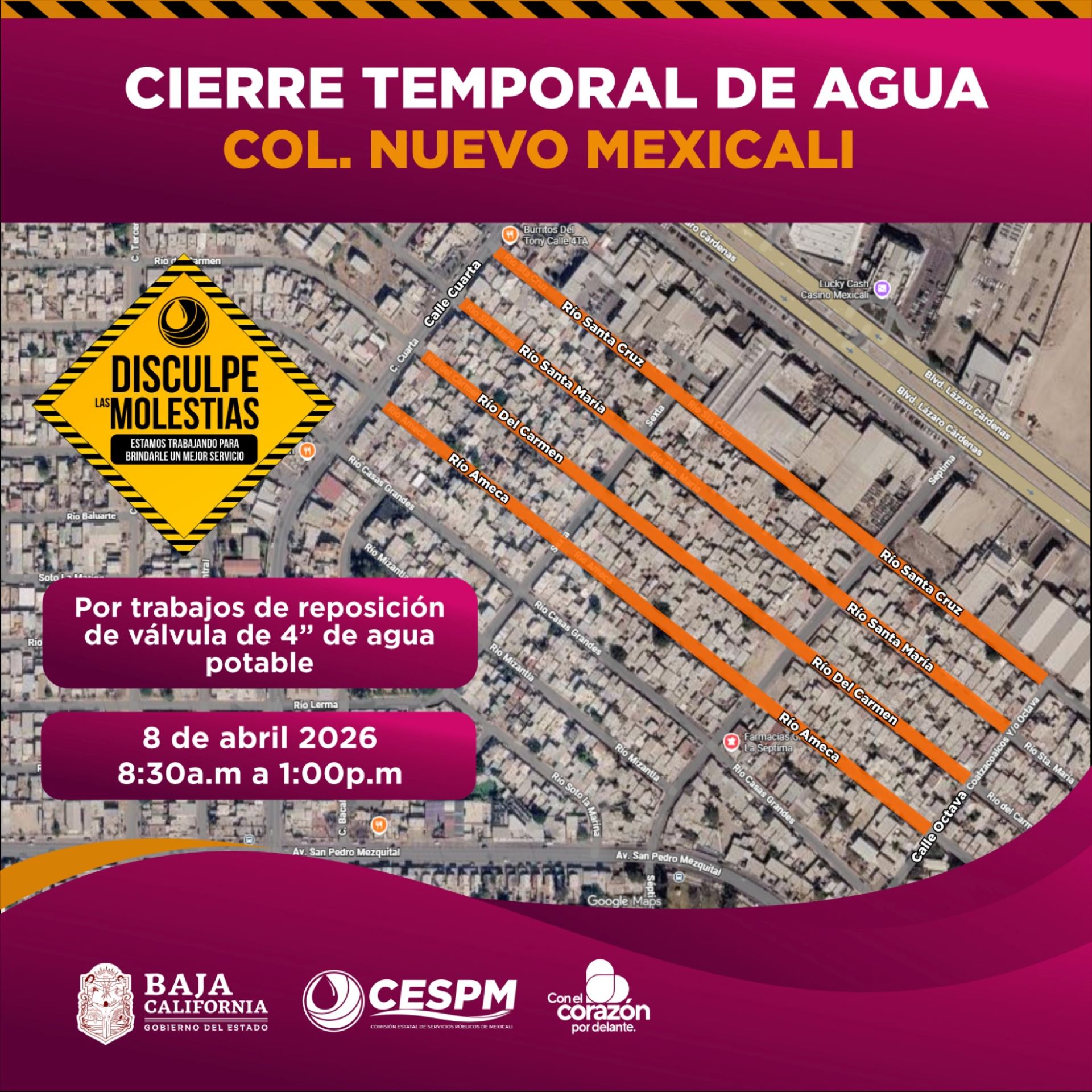 CESPM realizará cierres viales y suspensión temporal de agua por trabajos de mantenimiento en Mexicali
