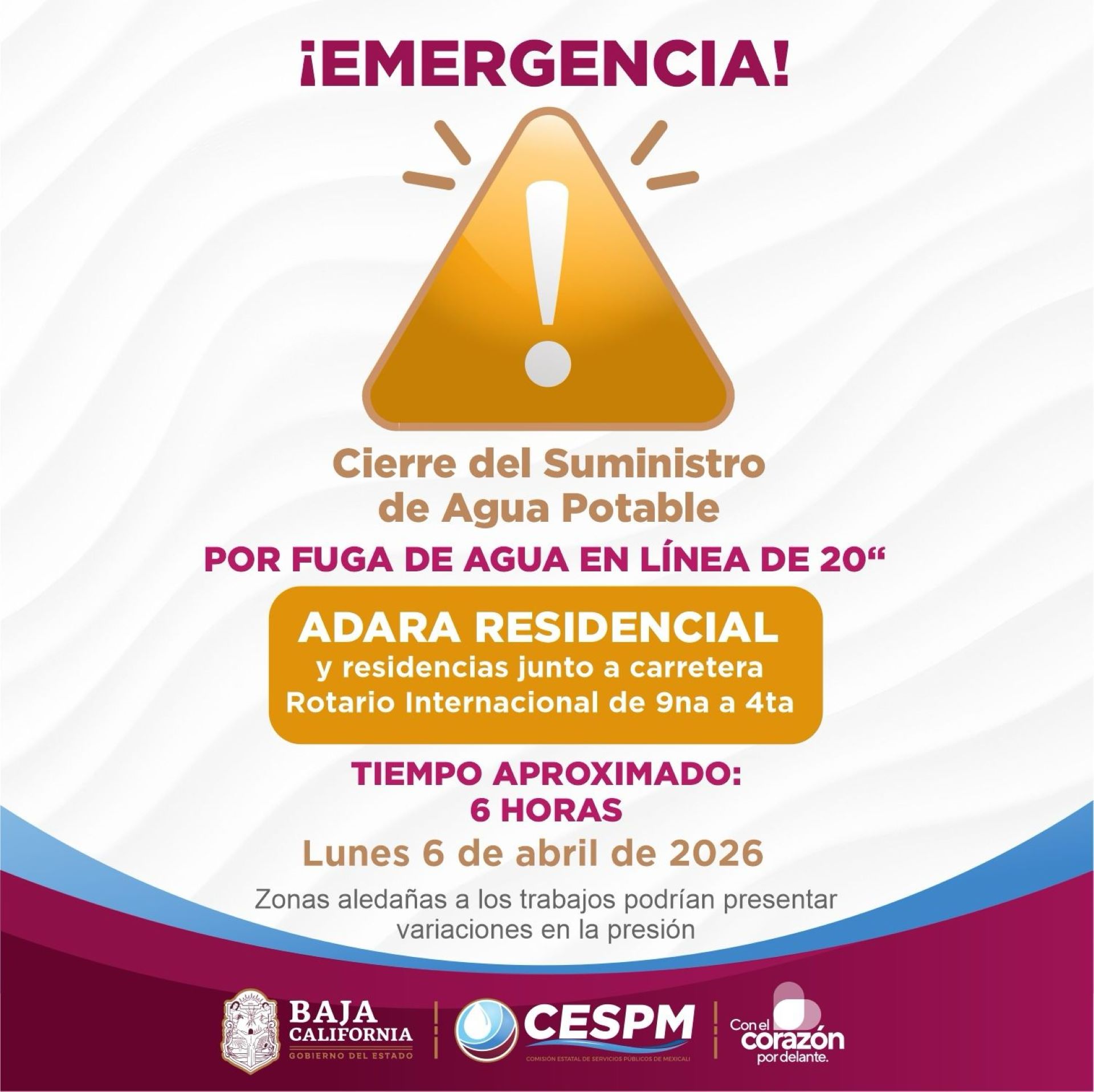 CESPM anuncia cierre temporal de suministro y vialidad por trabajos de reparación