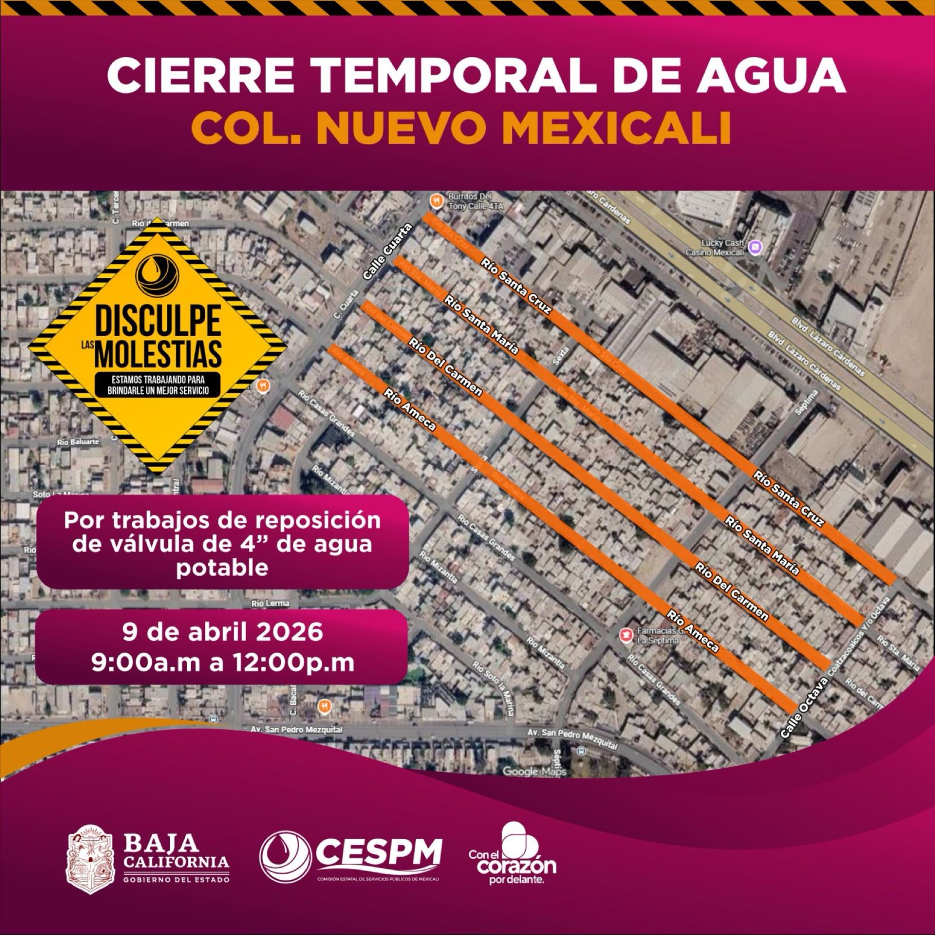 CESPM anuncia cortes temporales de agua y cierre vial por trabajos de infraestructura